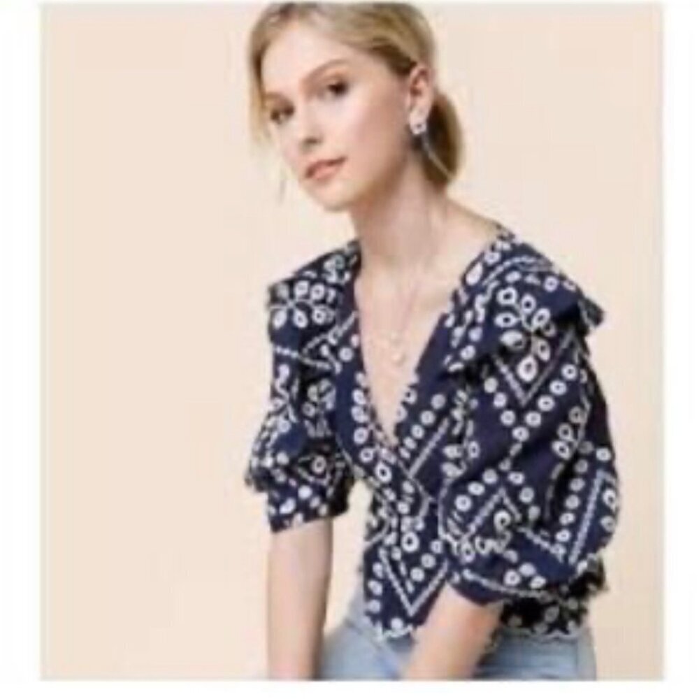 Blue Rain Small Eyelet Puff Sleeve Shirt Top Navy Floral Cottage